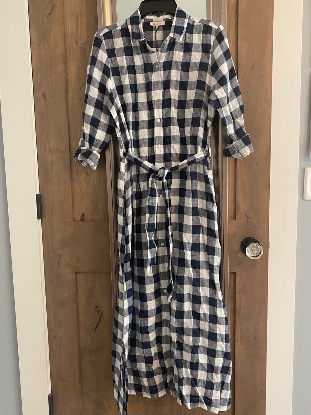 Barbour Navy and White Checked Maxi Shirt Dress with Tie Waist